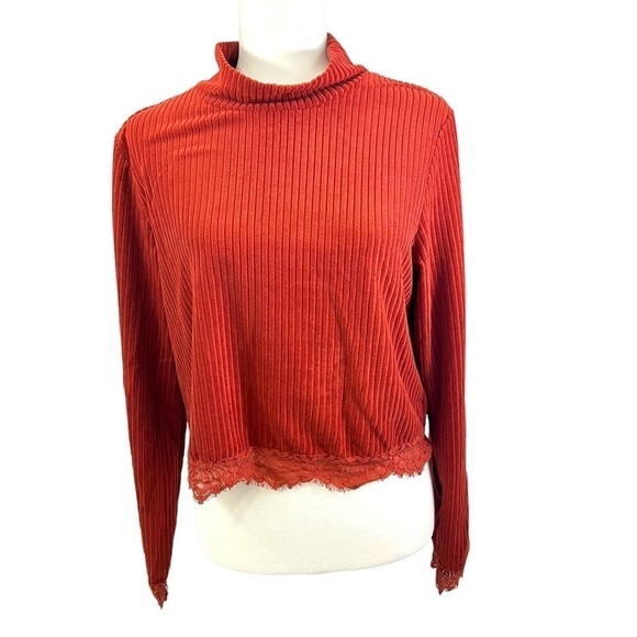 CHOCOLATE long sleeved soft mock neck ribbed lace top woman’s size large - Picture 1 of 13
